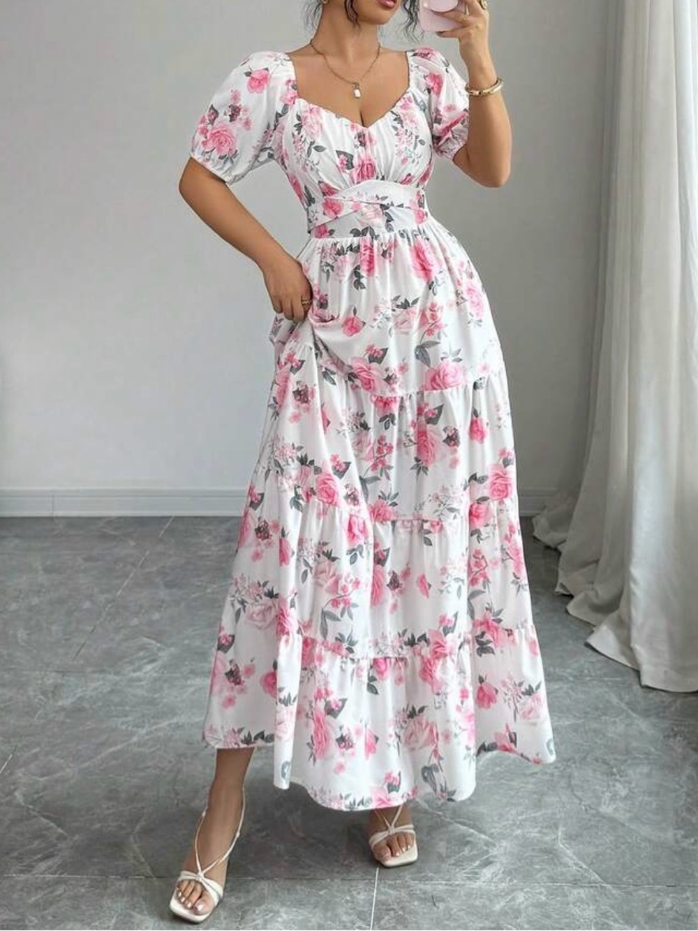 Pink Floral Maxi Dress with Puff Sleeves